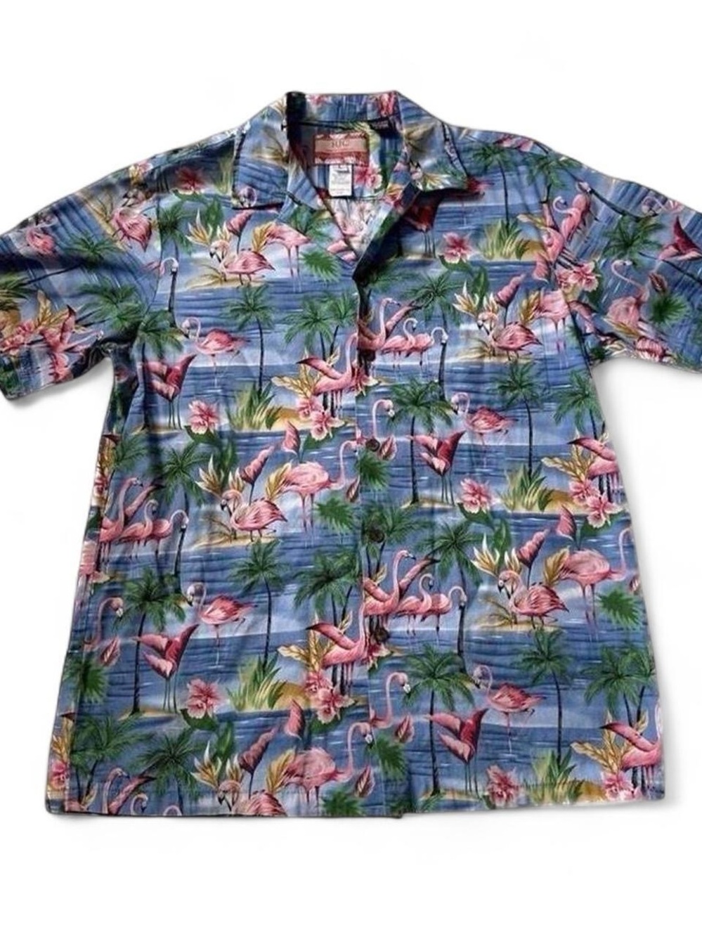 Vintage Tropical Flamingo Print Hawaiian Shirt - Blue/Pink L